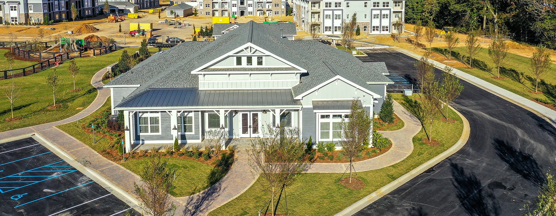 Aerial view of the property and leasing office 